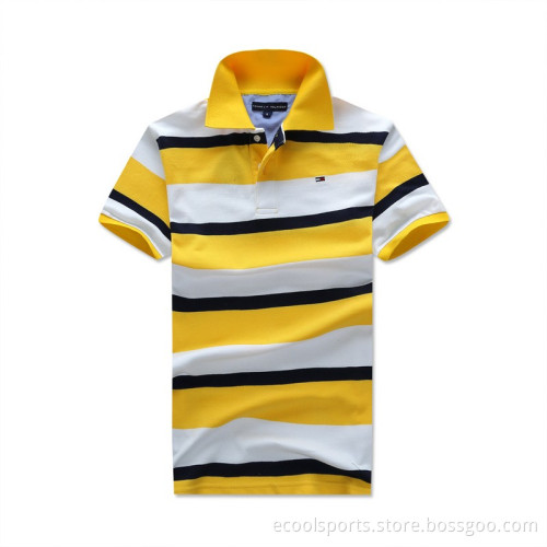 Wholesale Stripe Short T Shirt Yellow / White/ Black Turn Down Collar